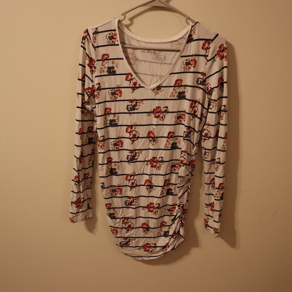 Motherhood long sleeved, white, black striped, flower maternity shirt, S, Rayon